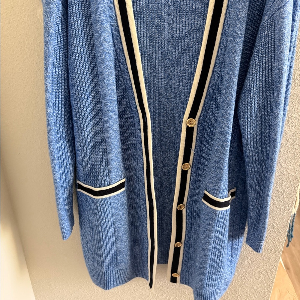 Talbots Blue Cardigan with Black and White Accents - Picture 4 of 12
